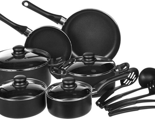 Amazon Basics Non-Stick Cookware Set, Pots, Pans and Utensils – 15-Piece Set